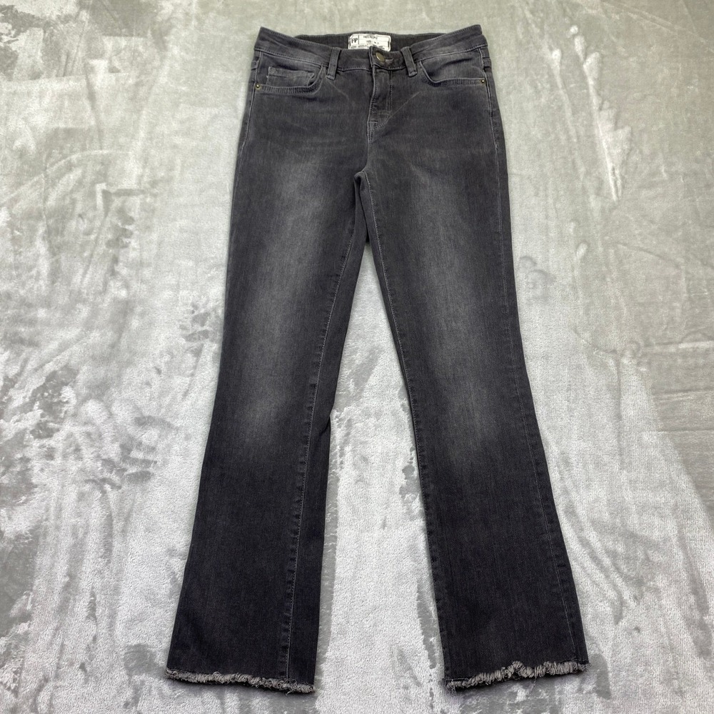 Free People‎ Womens Black Cropped Bootcut Frayed Hem Jeans Size 25 Western Retro